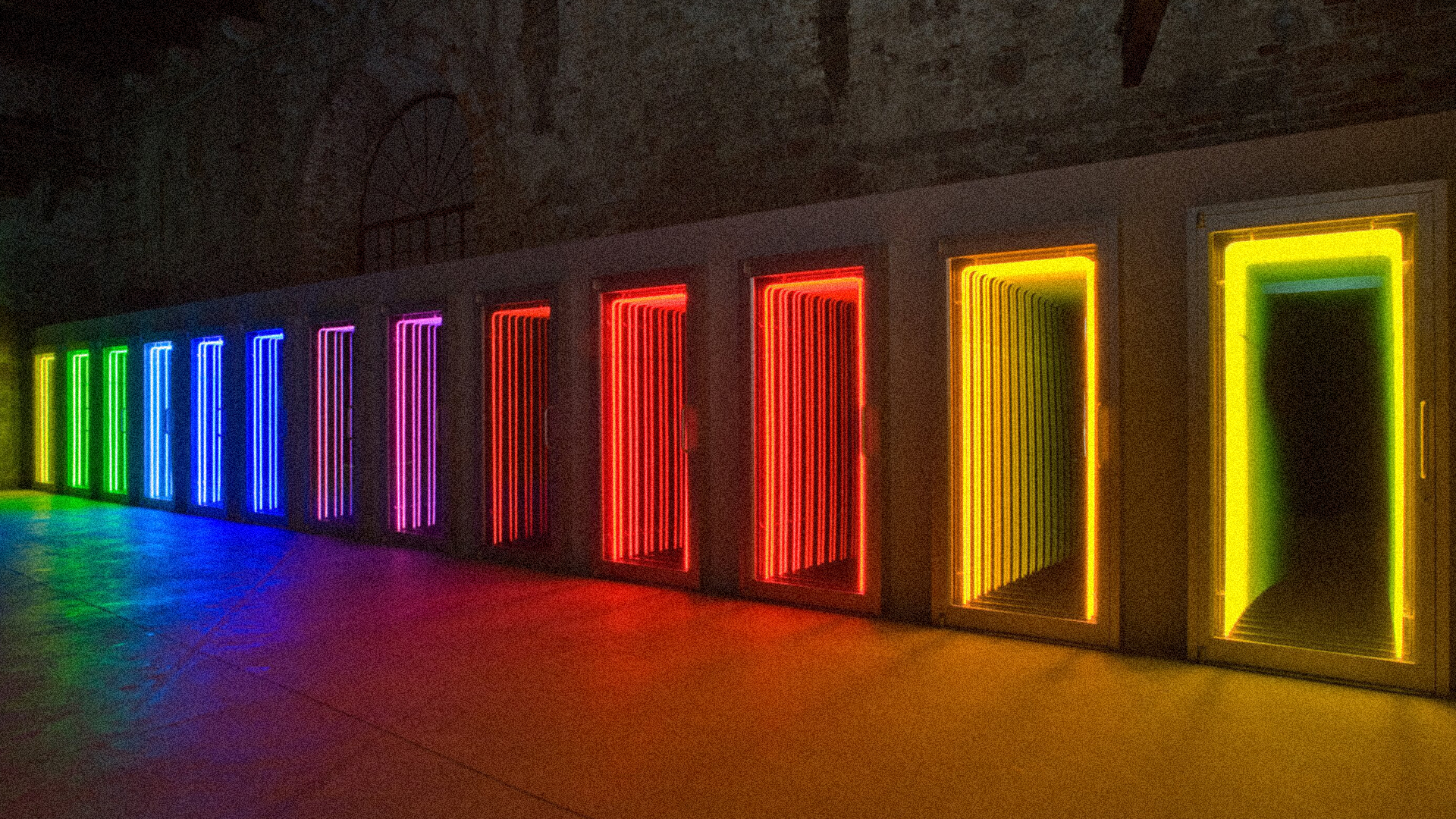Large neon light installation in a public space.